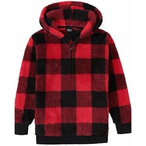 Girls Red/Black Plaid Hooded Pullover Hoodie Half Zip Long Sleeve 8/9 years